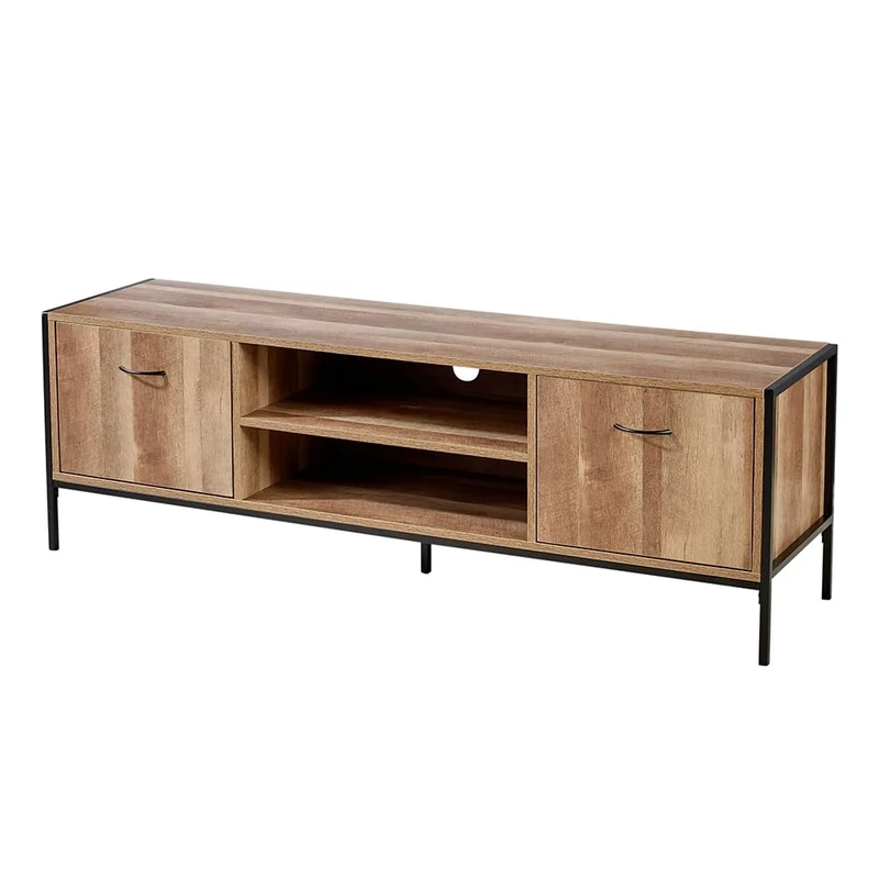 Home Source TV Unit Media Stand Cabinet, 2 Cupboards and Shelf Storage, Weathered Oak Effect Finish