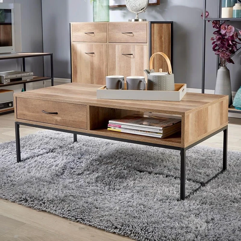 Home Source Modern Coffee Table, 1 Drawer, 1 Shelf Storage, Weathered Oak Effect Finish