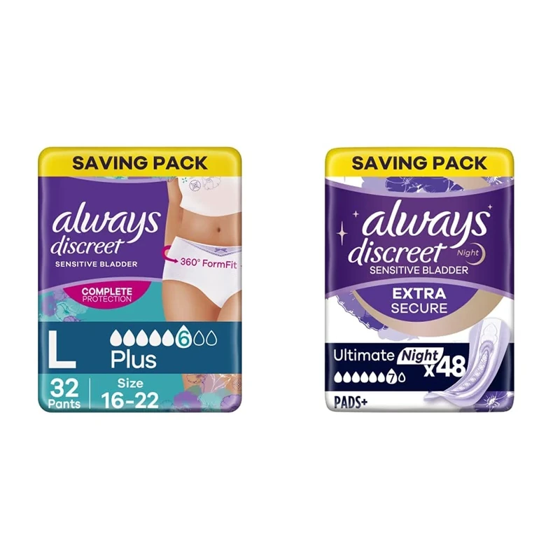 Always Discreet Incontinence Pants Women, Large, Plus (8 x 4 Packs), SAVING PACK, Dress Size 16-22 & Always Discreet Incontinence Pads Plus Women, Ultimate Night, 48 High Absorbency Pads (12 x4 Packs)