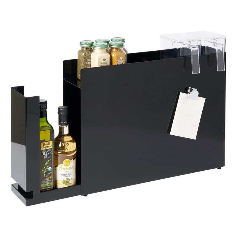 YAMAZAKI 6004 TOWER Sliding Seasoning Rack, black, Steel/Polypropylene, Minimalist, 12.5 x 50～93 x 36.7 cm