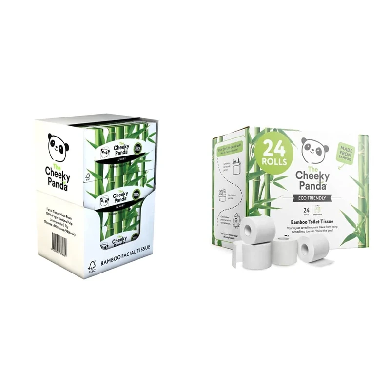 The Cheeky Panda - Bamboo Facial Tissues & Toilet Paper | Bulk Box of 12 Packs (80 Tissues per Pack, 960 Total) | 24 Rolls (3 Ply, 200 Sheets) | Flat Box Tissues
