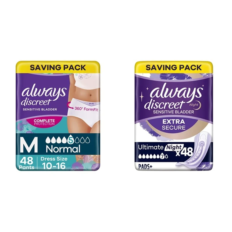 Always Discreet Incontinence Pants Women, Medium, 48 Pants (12 x 4 Packs), Dress Size 10-16 & Always Discreet Incontinence Pads Plus Women, Ultimate Night, 48 High Absorbency Pads (12 x 4 Packs)
