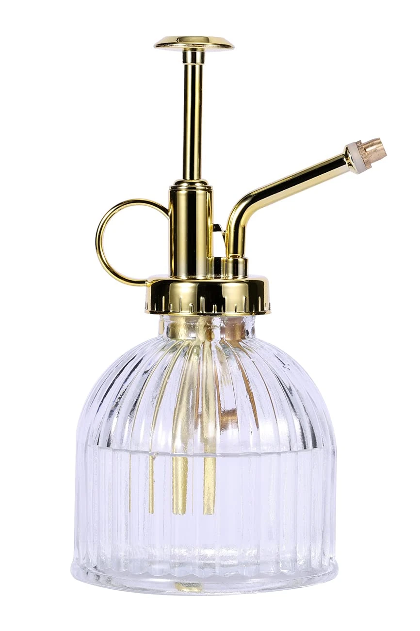 Eidoct Glass Plant Mister Spray Bottle, Clear Water Bottle with Gold Top Pump Small Watering Can, Sprayer for Indoor Outdoor House Plant, Clear+Gold (Clear+Gold A), 3.15‘’*6.5‘’, (t001)