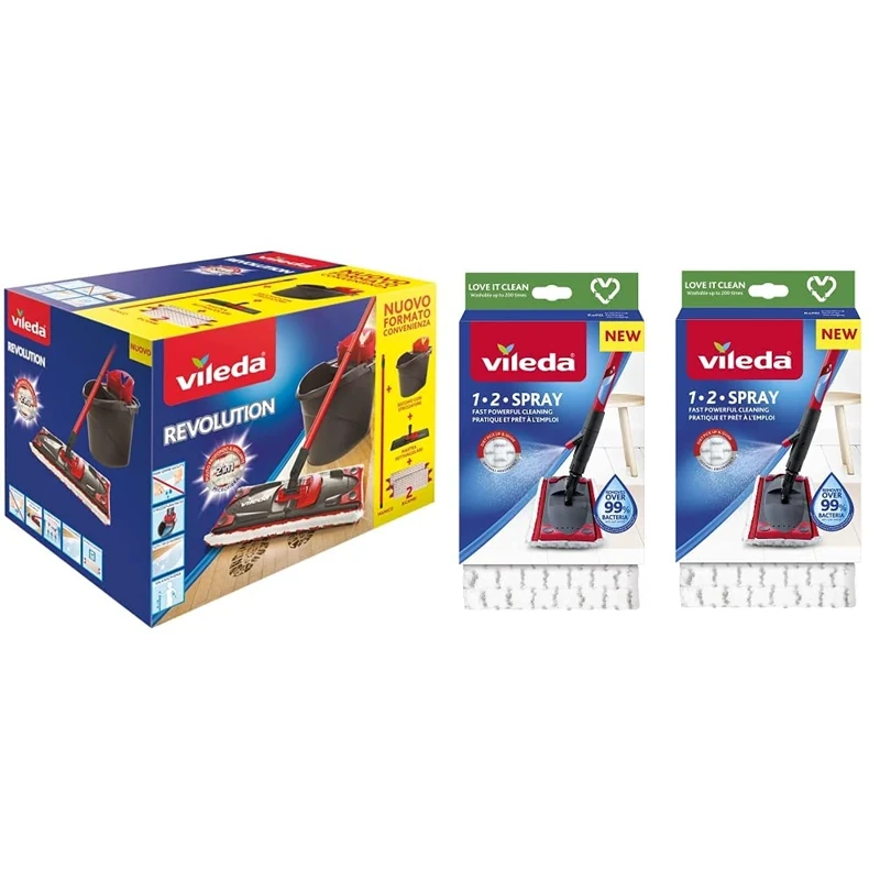 Vileda - All Floor Cleaning System with Bucket, Drainer and Stand with Microfibre Cloth - Black/Red & 1-2 Spray Microfibre Pads Refill Mop Head Replacement Set, (Pack of 2)