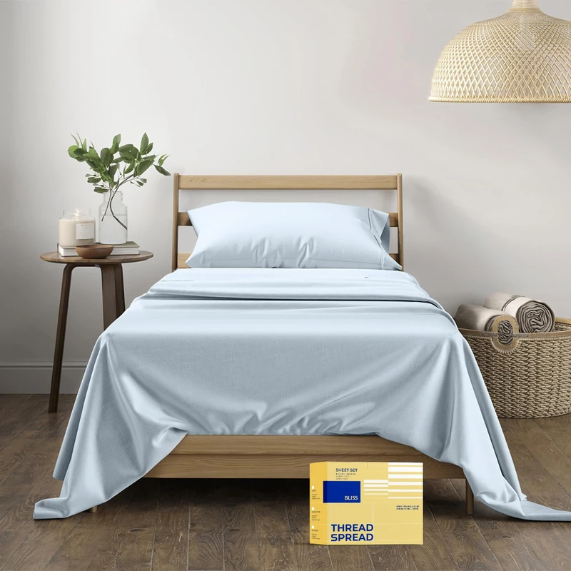THREAD SPREAD Luxury Sheets 600 Thread Count - Egyptian Cotton Quality Twin Size Sheet Set - Deep Pocket Fitted Bedding Sheets & Pillowcases - 3 Pc Breathable - Light Blue Sheets for Boys & Girls