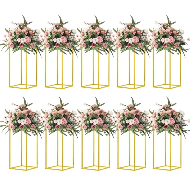 10 Pcs Gold Wedding Flower Stand, Metal Column Flower Stand , 15.75in/40cm Geometric Centerpieces Vase for Table, Home Party Wedding Decorations Flower Rack