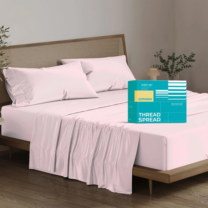 Pure Cotton California Size Cotton Duvet Cover Set (Cal King, 800 Thread Count) Blush Pink Bedding and Pillowcases (4 Pieces) - Cotton Flat Sheet King Size - Satin Flat Sheet - 16" Deep Pocket