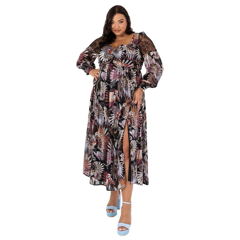 Lovedrobe Women's Lovedrobe Womens Plus Size Midaxi With Pockets Curve Long Bishop Sleeve Slit Mesh Sweetheart N Dress, Feather, 16 UK