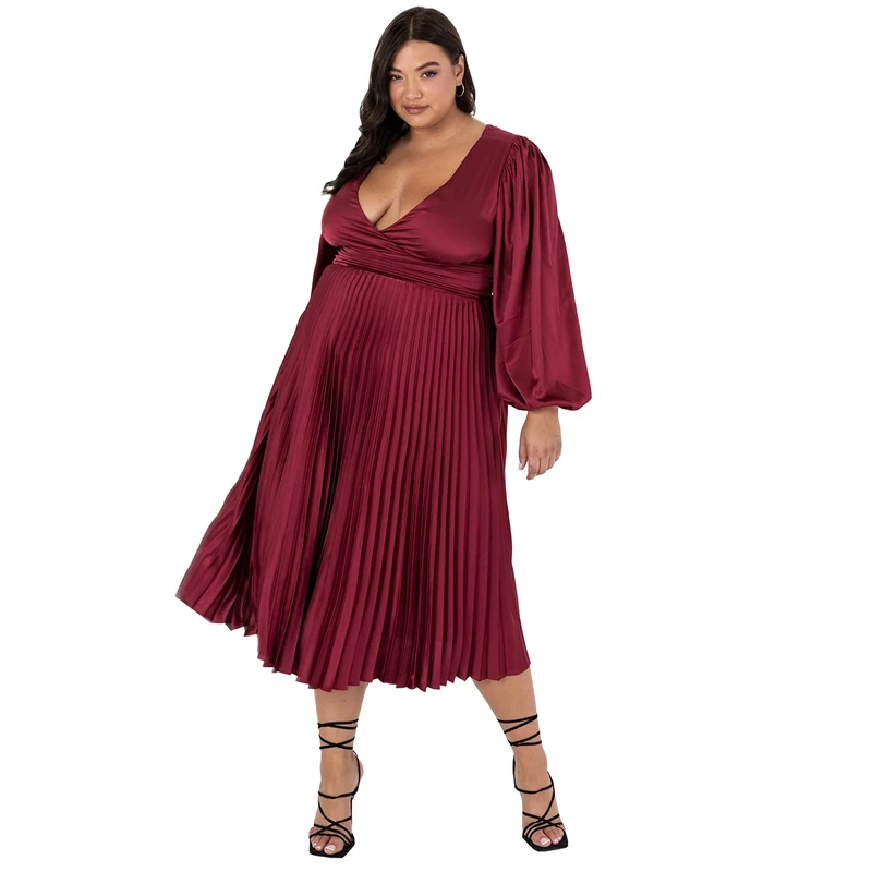 Lovedrobe Women's Lovedrobe Pleated Midaxi Ladies Evening Gown V Neckline Back Keyhole Long Sleeve Bishop Satin Dress, Red, 26 UK