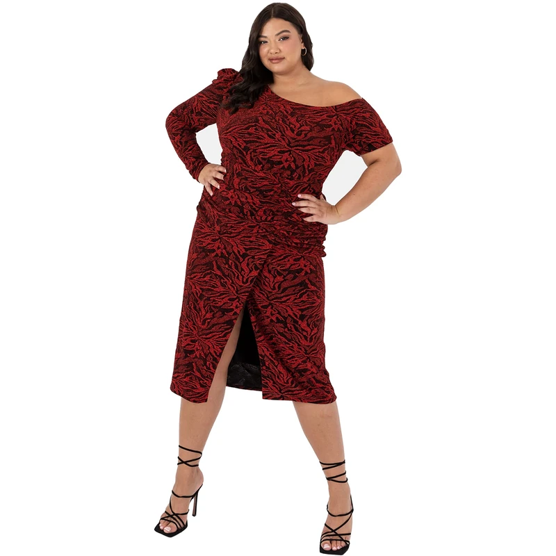 Lovedrobe Womens Ladies with Slit Plus Size New Years Evening Long Short Sleeve Crew Neck Shimmery Party Shiny Dress, Red, 24 UK