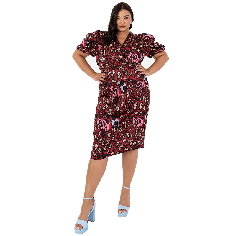 Lovedrobe Ladies Plus Size Dress for Womens V Neck Short Sleeve Puffed Size 24 Leopard