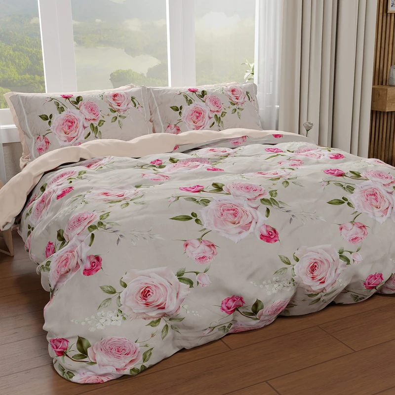 PETTI Artigiani Italiani - Double Duvet Cover 250 x 200 cm, Microfibre Duvet Cover with Digital Print + 2 Pillowcases 50 x 80 cm - Made in Italy - Floral 20 Taupe