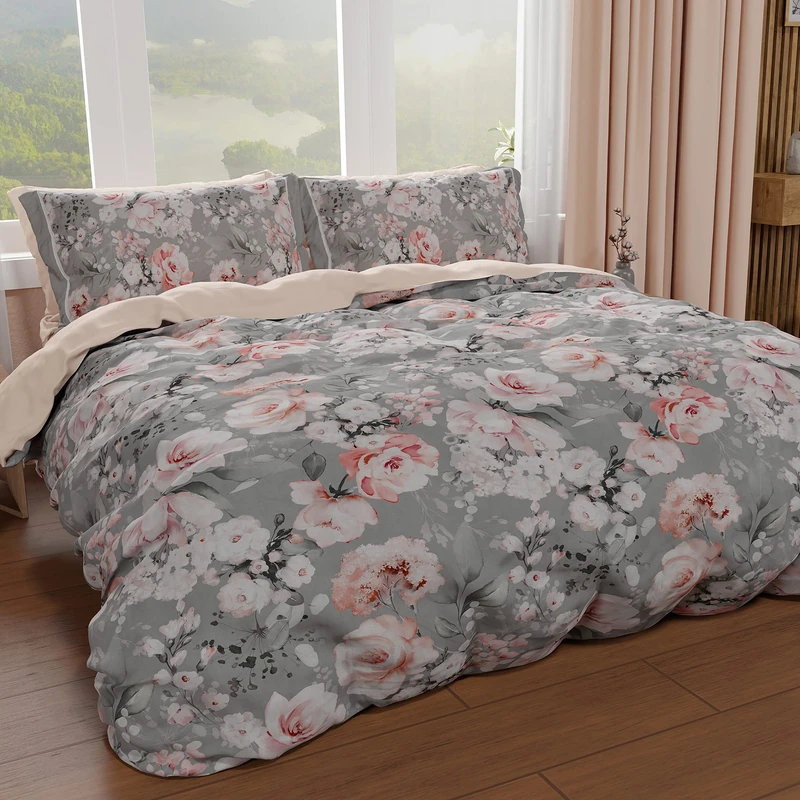 PETTI Artigiani Italiani - Double Duvet Cover 250 x 200 cm, Microfibre Duvet Cover with Digital Print + 2 Pillowcases 50 x 80 cm - Made in Italy - Floral 17 Grey