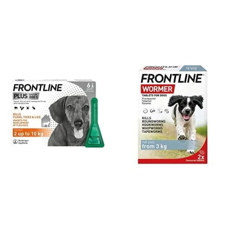 FRONTLINE Plus Flea & Tick Treatment for Small Dogs (2-10 kg) - 6 Pipettes & FRONTLINE WORMER for Dogs - 2 Tablets