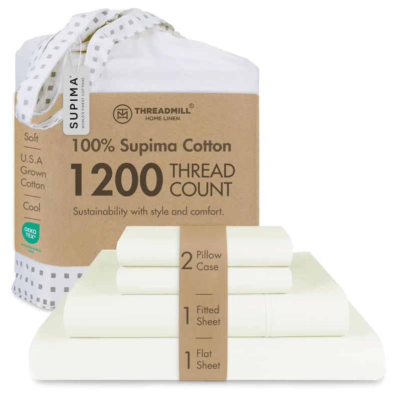 Threadmill Home Linen Luxury Supima Cotton Sheets, 1200 Thread Count, 4 Pc Ivory Bed Sheets Full Set, 5-Star Hotel Quality, Deep Pocket, Queen Size