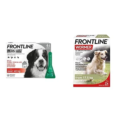 FRONTLINE Plus Flea & Tick Treatment for Extra Large Dogs (over 40 kg) - 6 Pipettes & FRONTLINE WORMER for Dogs - 2 XL Tablets
