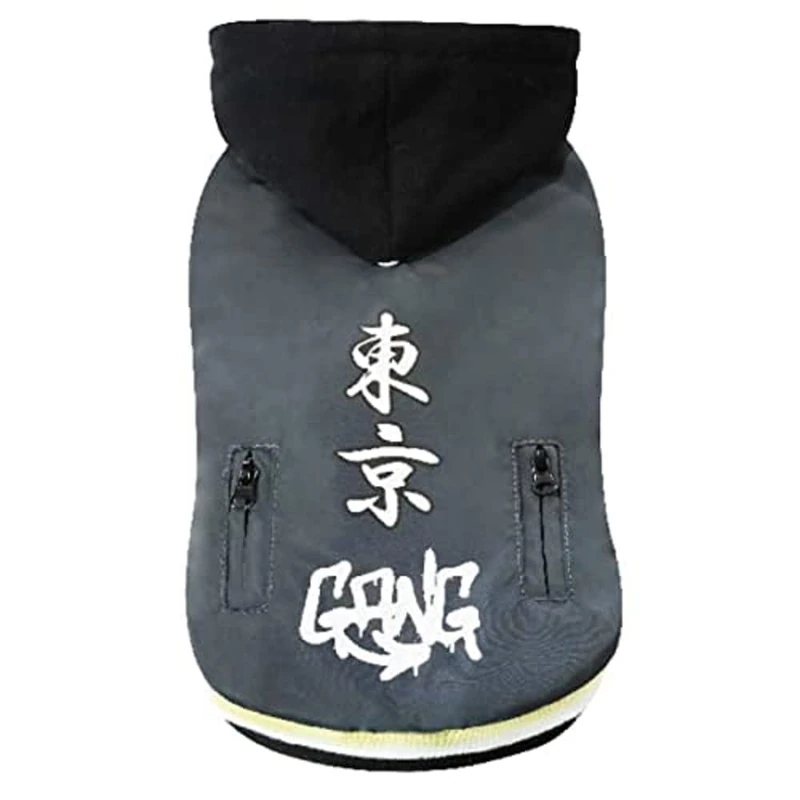 Croci Tokyo Gang Dog Jacket With Hood, Back Size 40 Cm, Padded And Adjustable, With Elastic And Hole For Leash And Harness, Gray Color