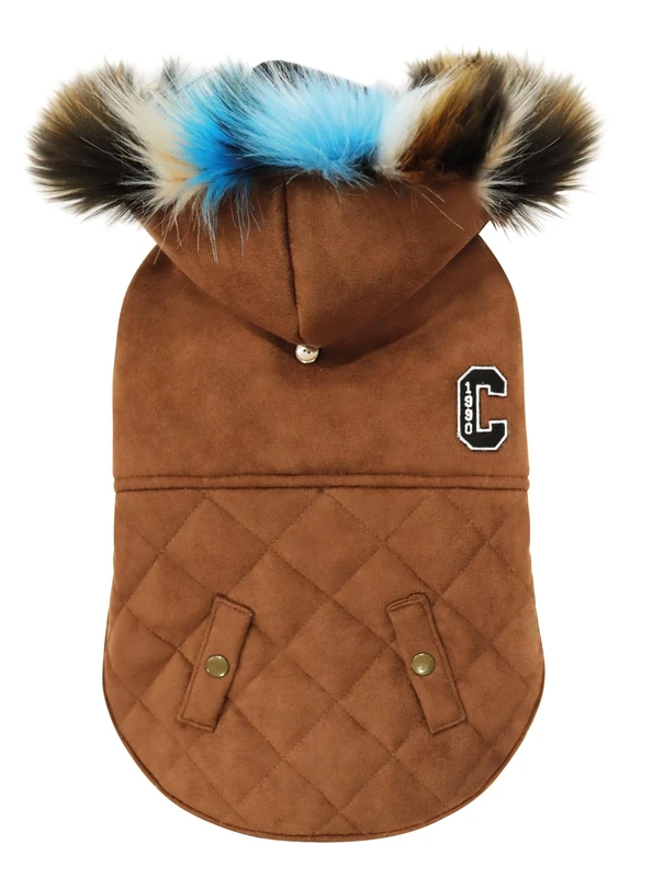 Croci Dog Jacket With Shearling Hood, Back Size 45 Cm, Padded And Adjustable, With Elastic And Hole For Leash And Harness, Brown Color