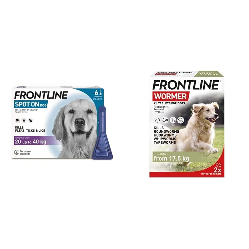 FRONTLINE Spot On Flea & Tick Treatment for Large Dogs (20-40 kg) - 6 Pipettes & FRONTLINE WORMER for Dogs - 2 XL Tablets