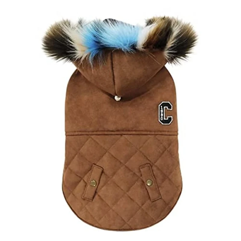 Croci Dog Jacket With Shearling Hood, Back Size 35 Cm, Padded And Adjustable, With Elastic And Hole For Leash And Harness, Brown Color