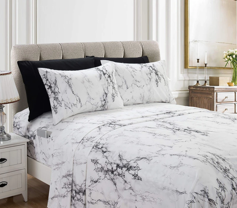 Elegant Comfort Eloise Marble Printed 4-Piece Sheet Set, 1500 Thread Count, Wrinkle Resistant and Super Soft Material, Fitted Sheets with Smart Pockets, Marble Sheet Set, Twin XL, Sicily White