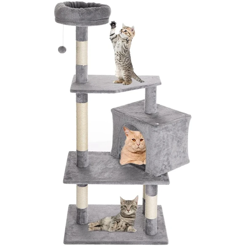 BAKAJI Cat Scratching Post Protection 1 Ball 1 Bed Blankets for Cats Cats Interactive Scratch-Resistant Stable Robust Climbing Tree Solid Colour Grey