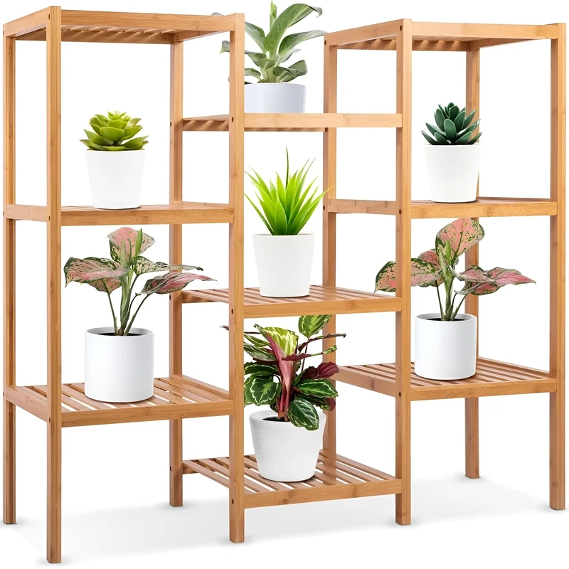 SereneLife 9-Tier Bamboo Plant Stand – Freestanding Storage Shelf for 9 Potted Plants, Indoor & Outdoor Corner Rack for Backyard, Balcony, Patio – Tall Wooden Holder for Home & Garden