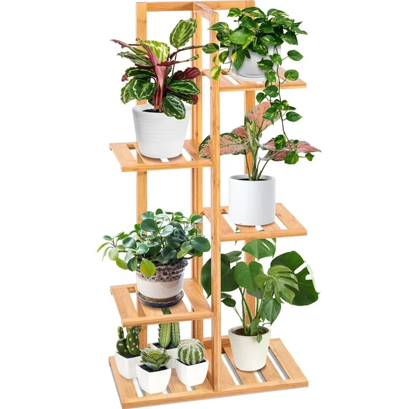 SereneLife Bamboo Plant Stands Indoor, 6 Tier Tall Corner Ladder Shelf for Multiple Plants, Flower Pot Stand Indoor/Outdoor for Living Room Garden Balcony Patio Boho Decor