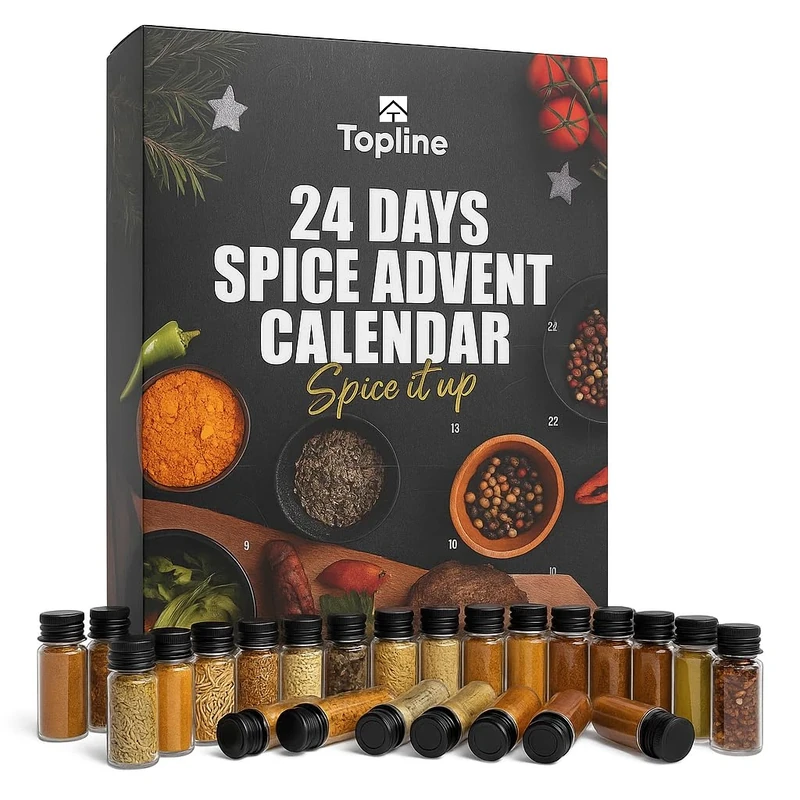 Topline Spice Advent Calendar 2025-24 Seasoning Mixed Herbs and Spices Advent Calendar for Chefs, Foodies, Men & Women – 24 Jars of Herbs Culinary Christmas Hamper Gift - Xmas Countdown Present