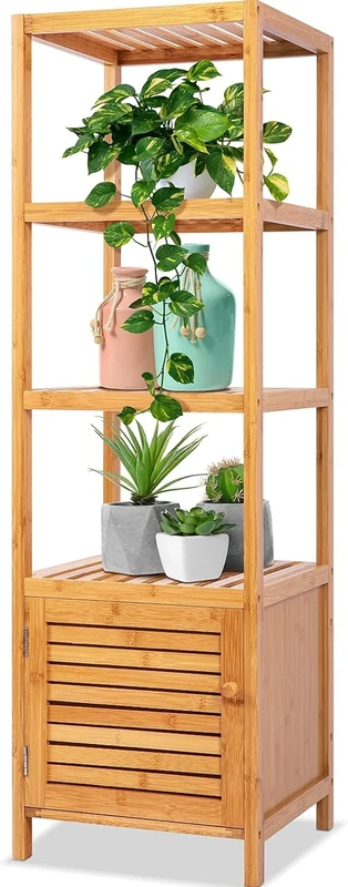 SereneLife Bamboo Slim Shelving Cupboard, Shelves with Cabinet for Bathroom Storage & Towel Organizer, Bathroom Cabinet, Bookcase, Living Room, Fits in Corners & Small Spaces, Freestanding Furniture