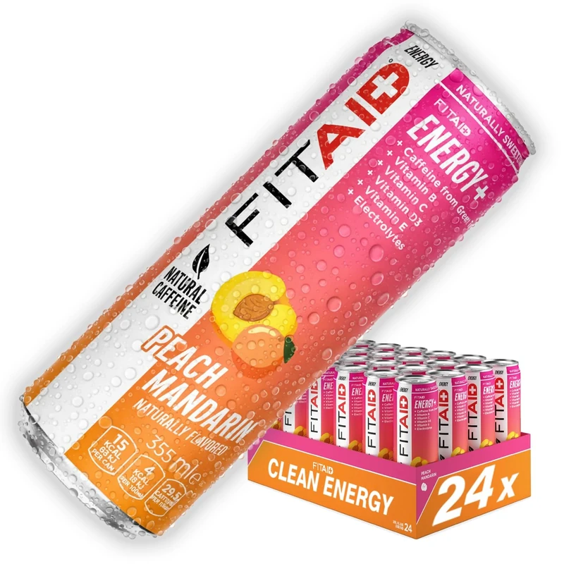 FITAID Peach Mandarin Clean Energy Drink & Hydration Helper; Ready to Drink Sports Drink with Caffeine from Green Tea, Electrolytes Magnesium BCAA Turmeric Vitamins Amino Acids Quercetin CoQ10 24 pack