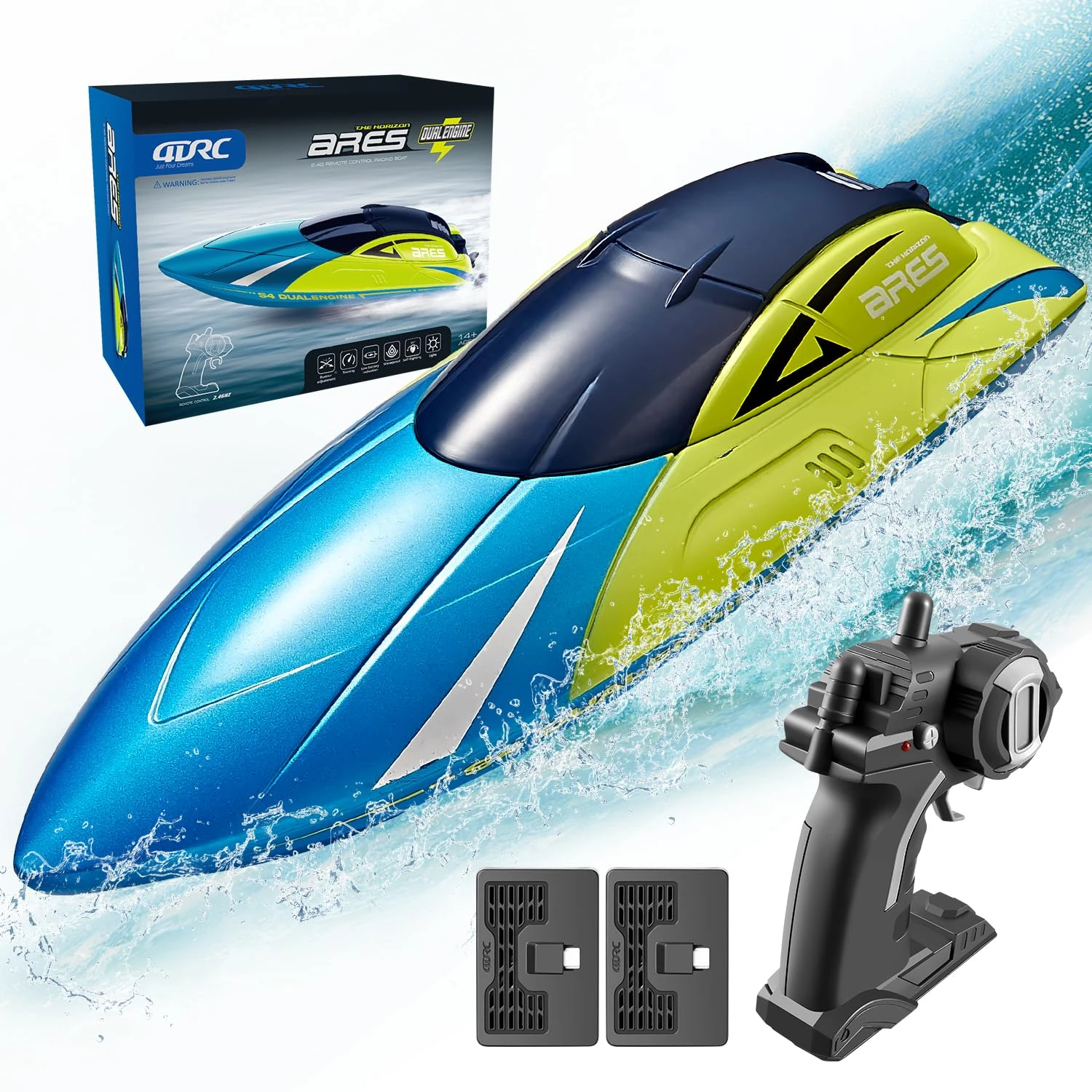 4DRC S4 RC Boat Remote Control Boat for Kids Adults, 20+ MPH 2.4GHz Racing Boats for Pools and Lakes,Low Battery Alarm,Capsize Recovery,2 Rechargeable Batteries Toys Gifts for Boys Girls