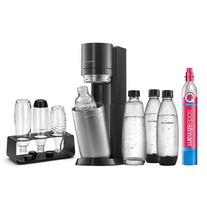 SodaStream Duo Comfort Water Carbonator Set with CO2 Cylinder, 2 x 1 Litre Glass Bottles, 2 x 1 Litre Dishwasher-Safe Plastic Bottle and Plastic Bottle Holder, Height: 44 cm, Colour: Titanium
