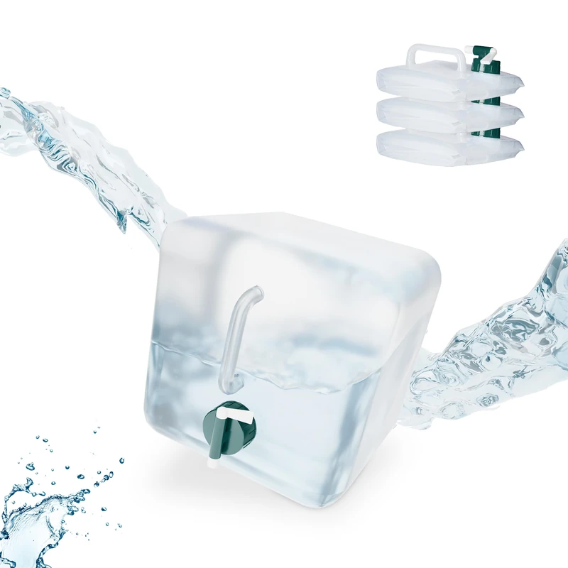 Relaxdays Folding Water Canisters, Set of 4, 5 litres, with Tap, Camping Container, BPA-Free Plastic, Transparent/Green