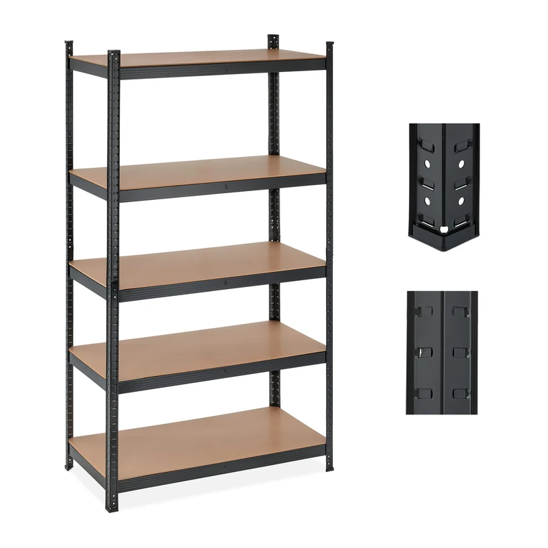 Relaxdays Heavy Duty Shelving Unit, 5 Levels, H x W x D: 180 x 100 x 50 cm, 1250 kg max Load, Metal, MDF, Black, Engineered Wood