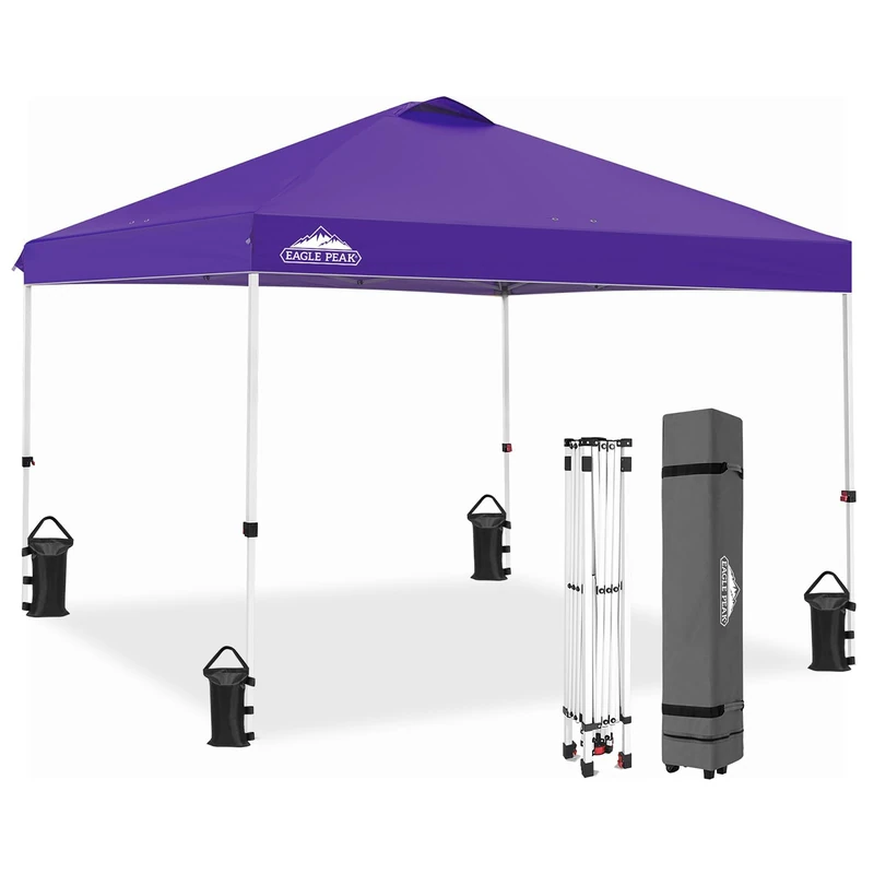 EAGLE PEAK Folding Canopy with Carry Bag with Wheels, 8 Pins, 4 Ropes, 4 Truck Bags – Easy Assembly, 10×10ft, 100 Square Feet Shade, Purple