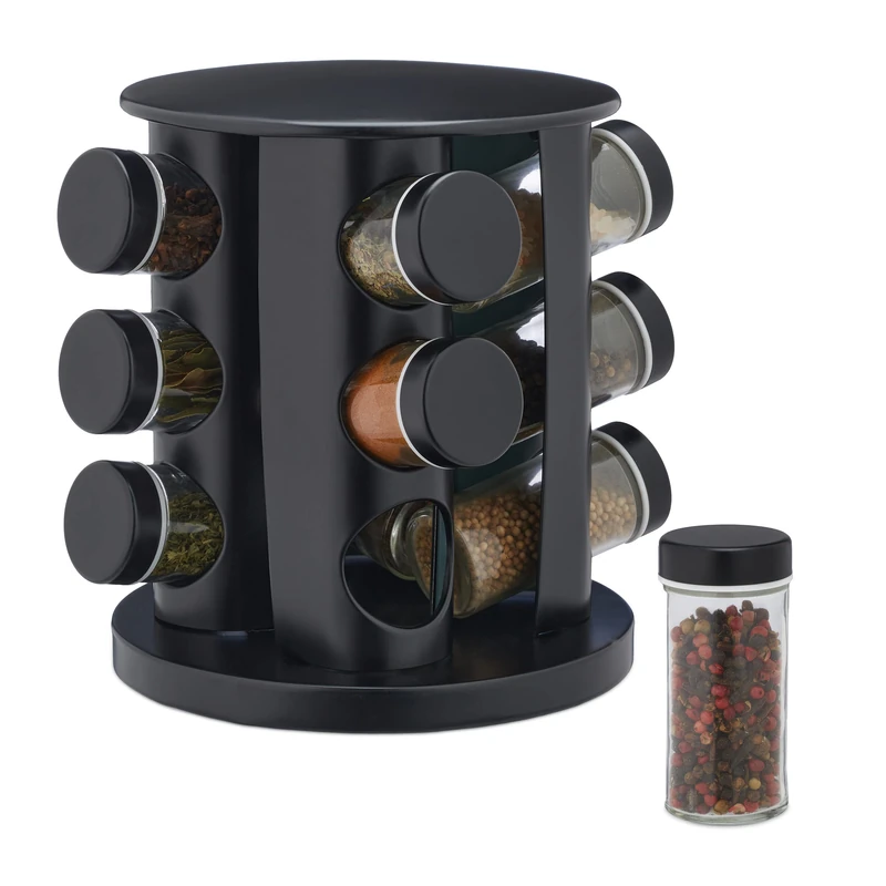 Relaxdays Spice Rack, 12 Glass Jars, Rotatable, Stainless Steel, H x D: Approx. 22 x 19 cm, Black