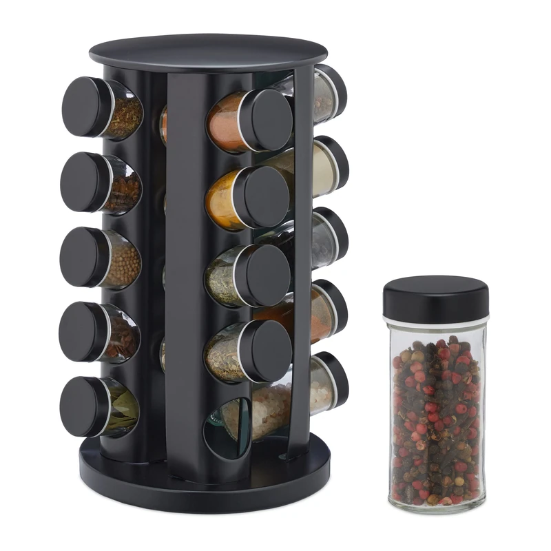 Relaxdays Spice Rack, 20 Glass Jars, Rotatable, Stainless Steel, H x D: approx. 33.5 x 19 cm, Black