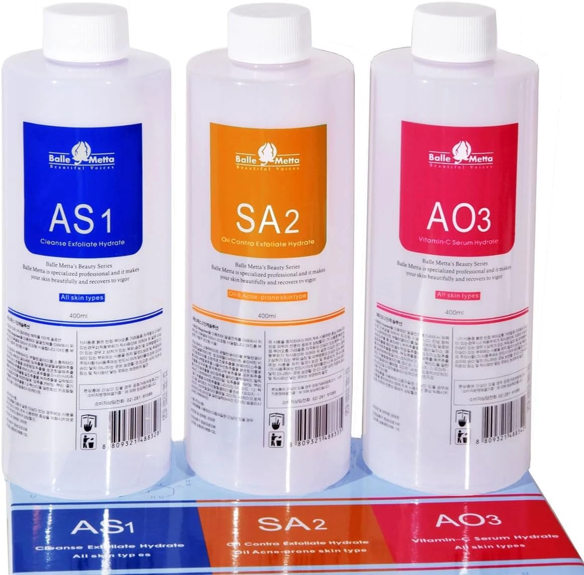 Facial Beauty Aqua Peel Solution 400ml Per Bottle Aqua Hydra Peeling Solution Face Cleansing Serum 3 Bottles and Moisturizing for Hydra aqual Peel Machine Solution AS1/SA2/AO3