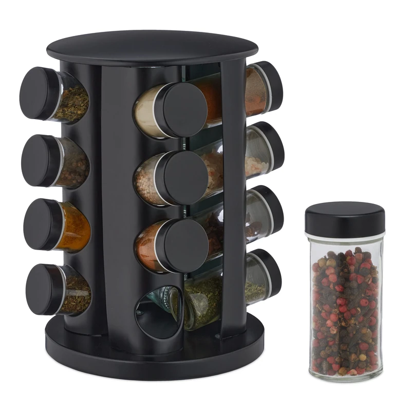 Relaxdays Spice Rack, 16 Glass Jars, Rotatable, Stainless Steel, H x D: approx. 27.5 x 19 cm, Black