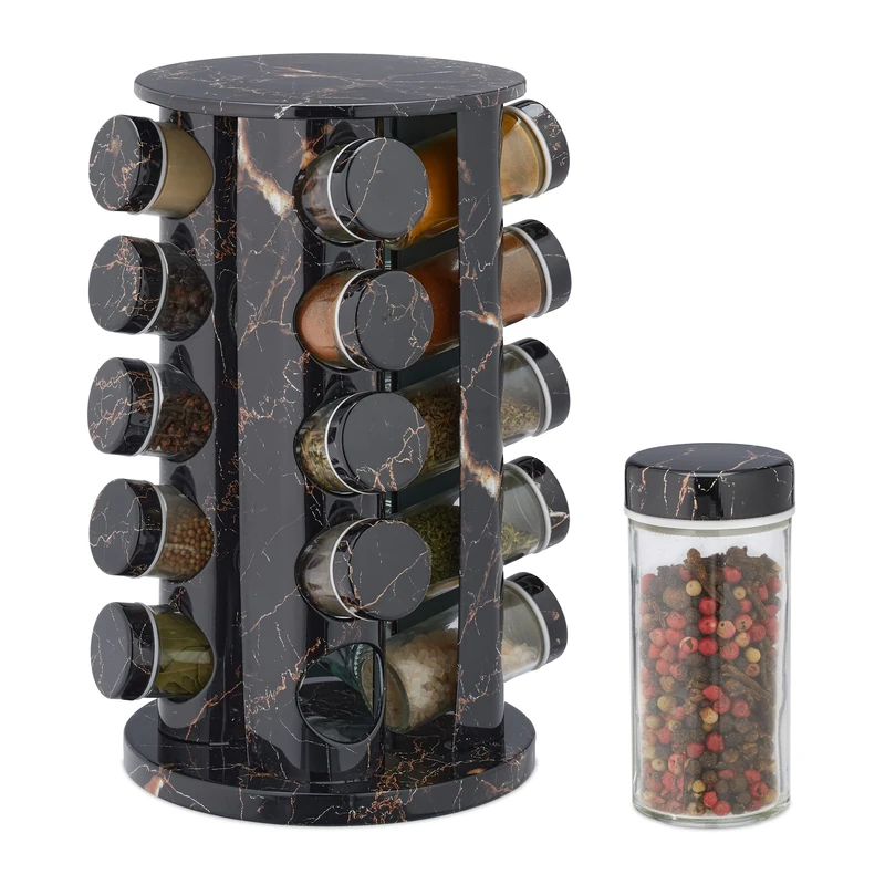 Relaxdays Spice Rack, 20 Glass Jars, Rotatable, Stainless Steel, H x D: Approx. 33.5 x 19.5 cm, Marble Optic, Black