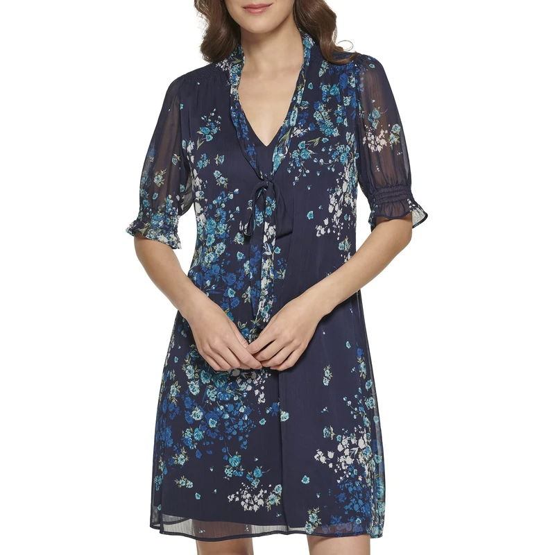 DKNY Women's Fit and Flare Short Sleeve Tie Neck Dress, Mdnght/Bttl Gn, 8