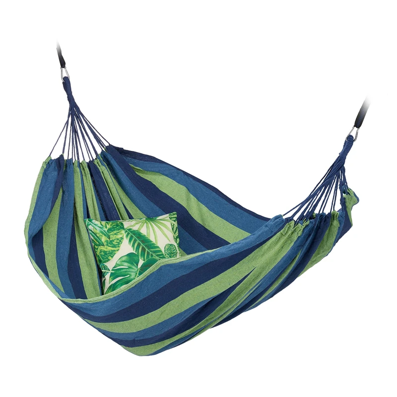 Relaxdays Hammock Cotton, WxD: 150 x 190 cm, with Fastening Kit, up to 300 kg, Portable, Bar Suspender, Blue and Green