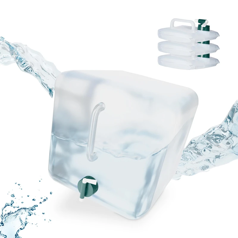 Relaxdays Folding Water Canisters, Set of 4, 20 litres, with Tap, Camping Container, BPA-Free Plastic, Transparent/Green, 32 x 27 x 27 cm