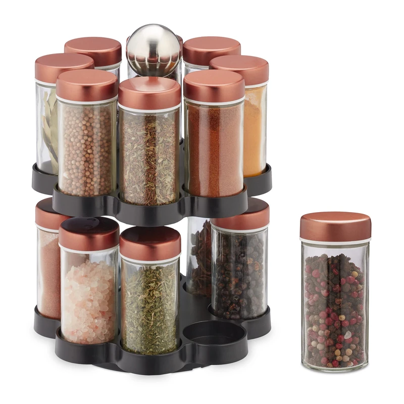 Relaxdays Spice Rack, 16 Glass Jars, Rotatable, Stainless Steel, H x D: approx. 25 x 17 cm, Copper/Silver/Black
