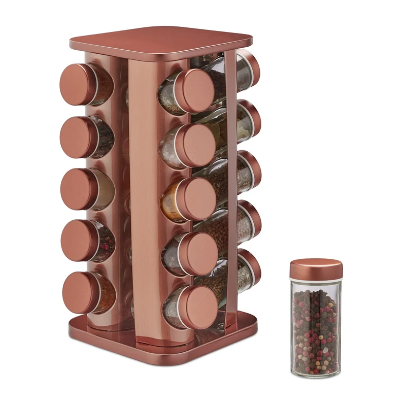 Relaxdays Spice Rack, 20 Glass Jars, Rotatable, Stainless Steel, H x W x D: Approx. 34 x 20 x 20 cm, Copper