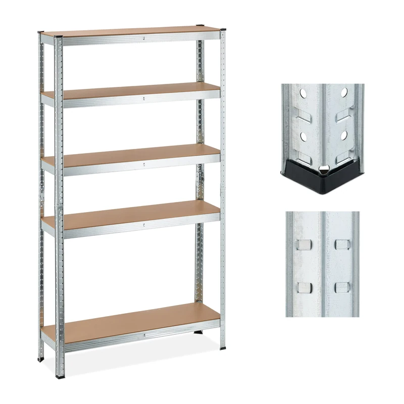 Relaxdays Heavy Duty Shelving Unit, 5 Levels, H x W x D: 180 x 100 x 30 cm, 1250 kg max Load, Metal, MDF, Silver, Steel