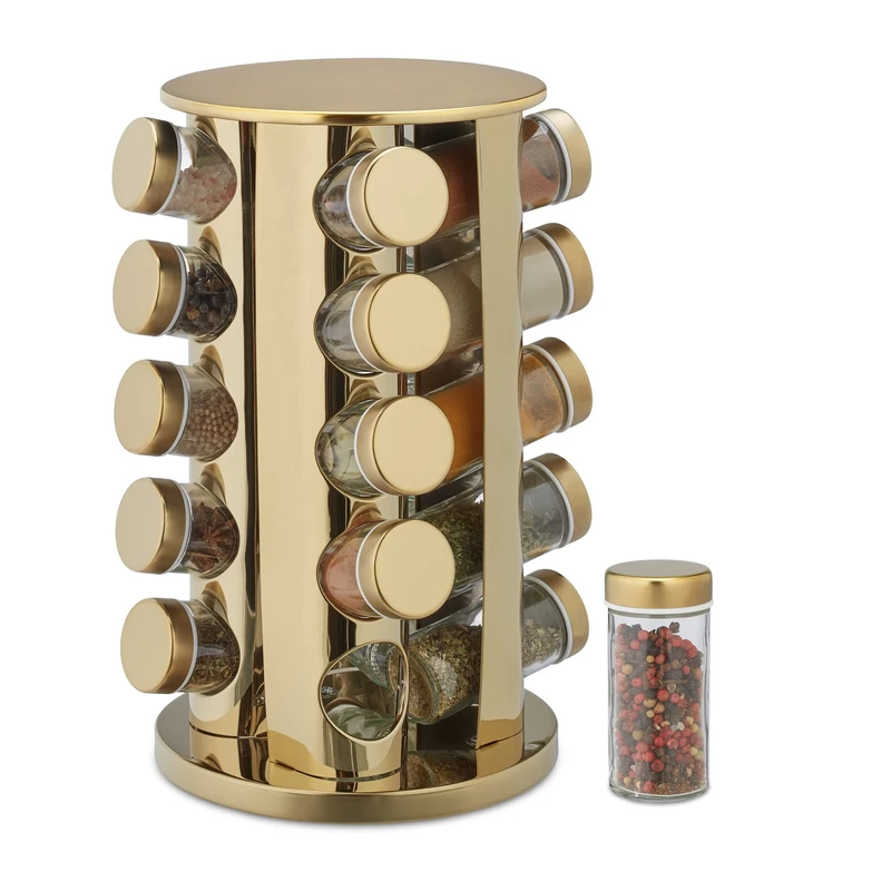 Relaxdays Spice Rack, 20 Glass Jars, Rotatable, Stainless Steel, H x D: approx. 33.5 x 23 cm, Gold