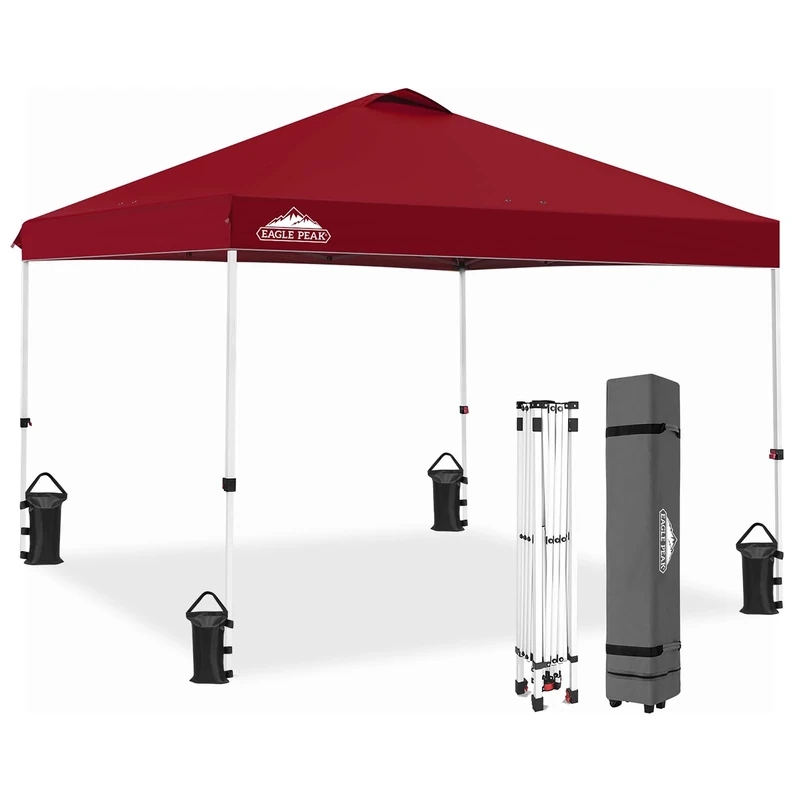 EAGLE PEAK Pop Up Tent with Wheeled Carry Bag, 8 Pegs, 4 Ropes, 4 Weight Bags, Easy Install Canopy, 10x10 Feet, 90 Sq Ft Shade, Burgundy
