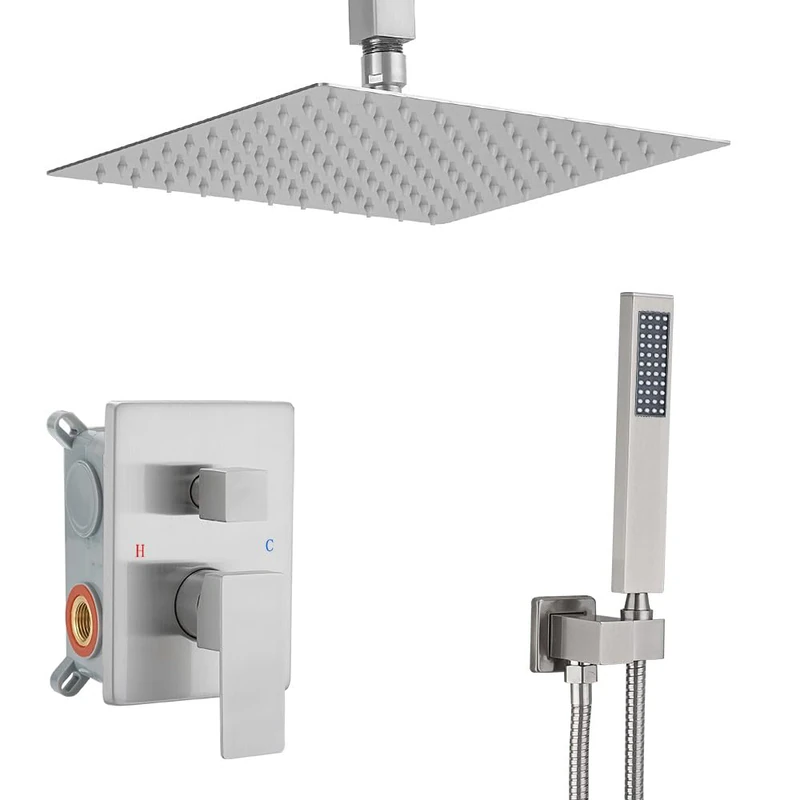 JingGang 10 Inch Ceiling Mounted Shower System Rain Mixer Shower Combo Set Rainfall Shower Head System Brushed Nickel Shower Faucet Rough-in Valve Body and Trim Included